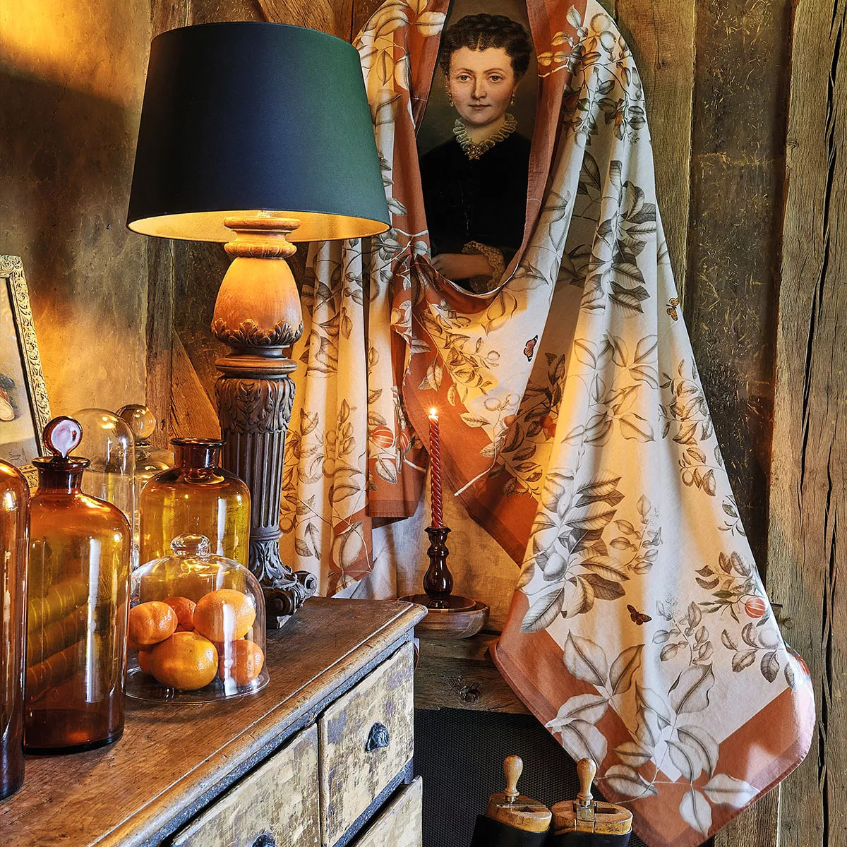 Nappe métis lin & coton lavé 190 g/m² imprimé beige orange Mandarines rouille