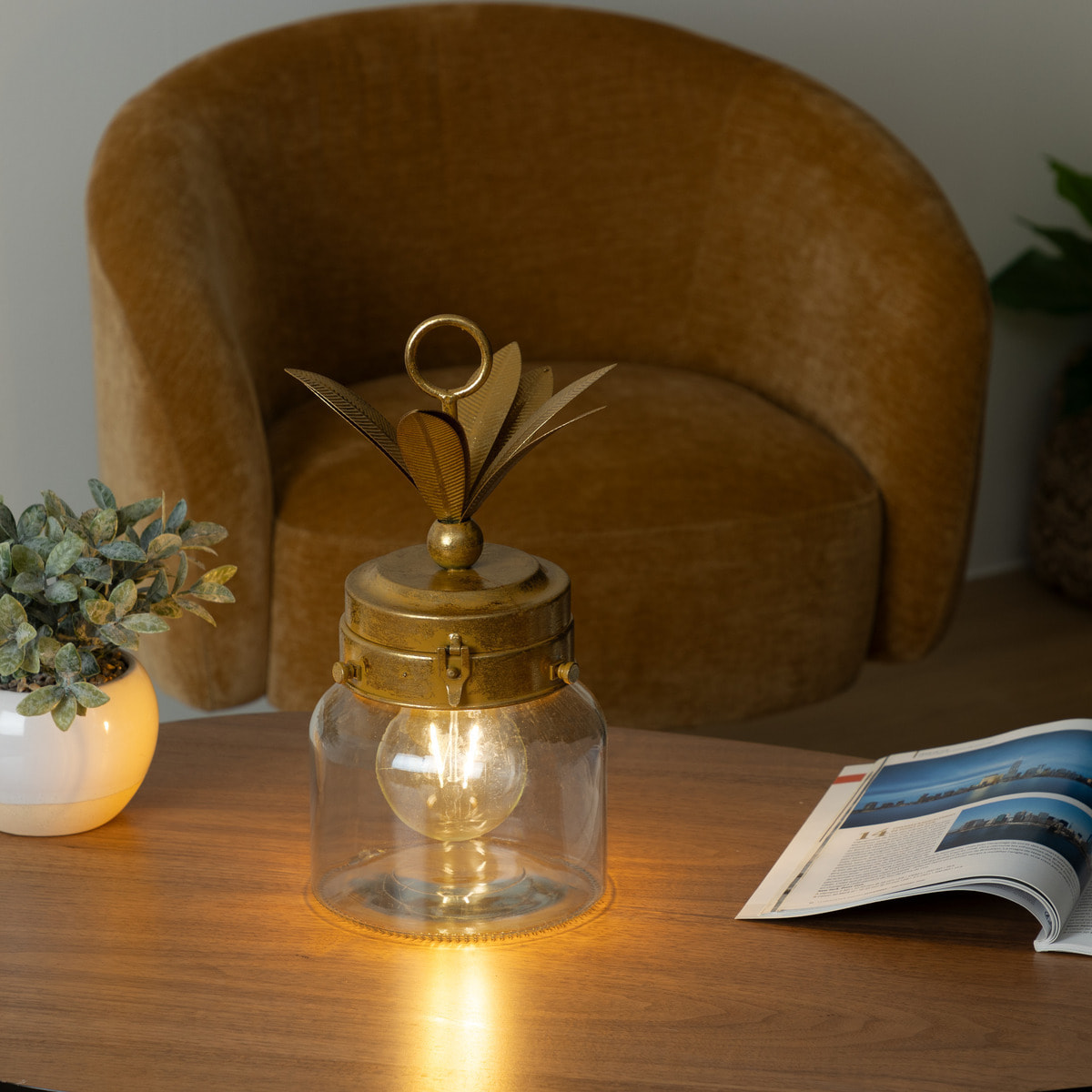 Lampe LED "Ananas" - verre - doré H33 cm