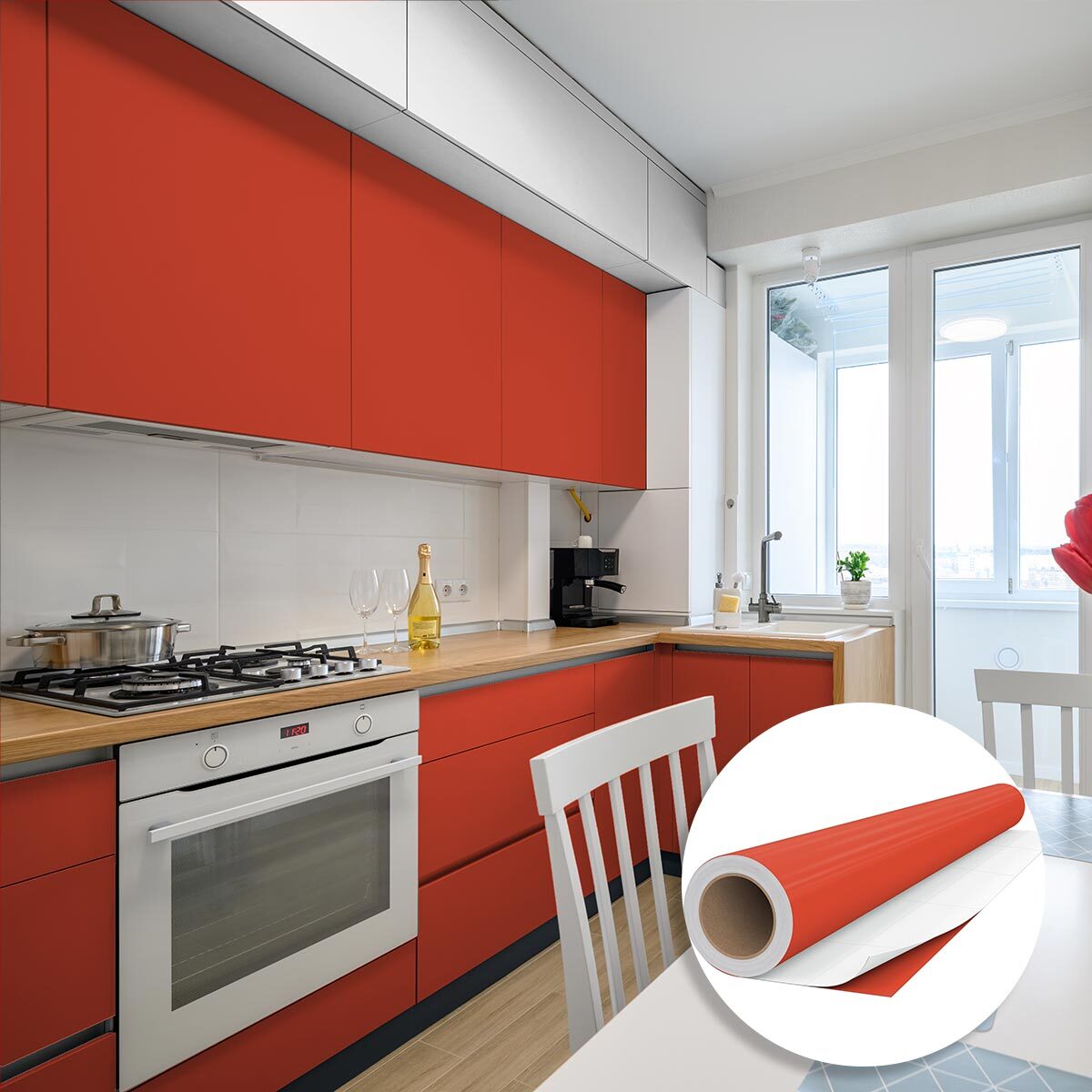 Rouleau adhésif décoratif Vinyle au Mètre - Rouge coquelicot - Sticker Lavable Imperméable Mur Cuisine Meubles
