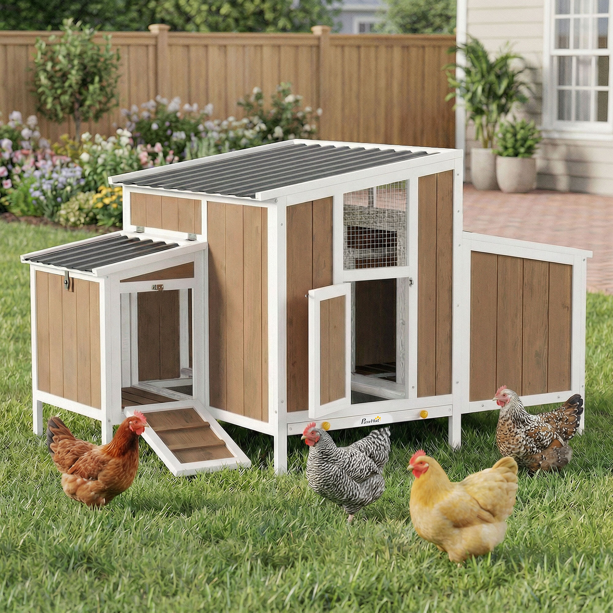 Gallinero para Exterior de Madera, 145x90x92 cm para 2-4 Gallinas, Gallinero con Nido, Casa Lateral, Bandeja Extraíble, Techo Impermeable, Puertas con Cerradura, Perchas, Conejera, Marrón Claro