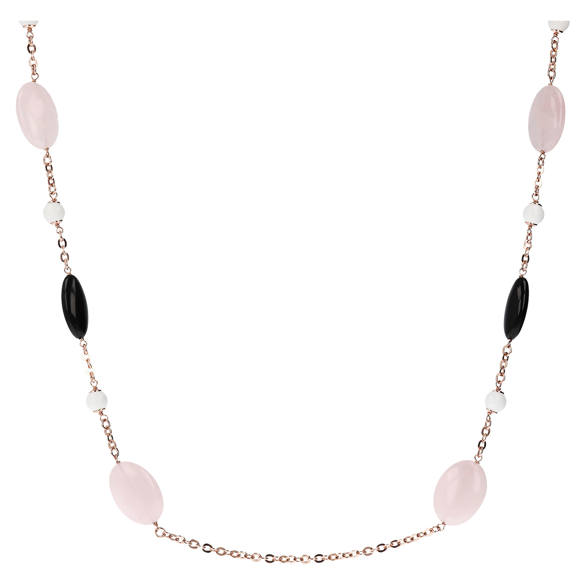 Collana Lunga con Onice Nero, Quarzo Rosa e Agata Bianca