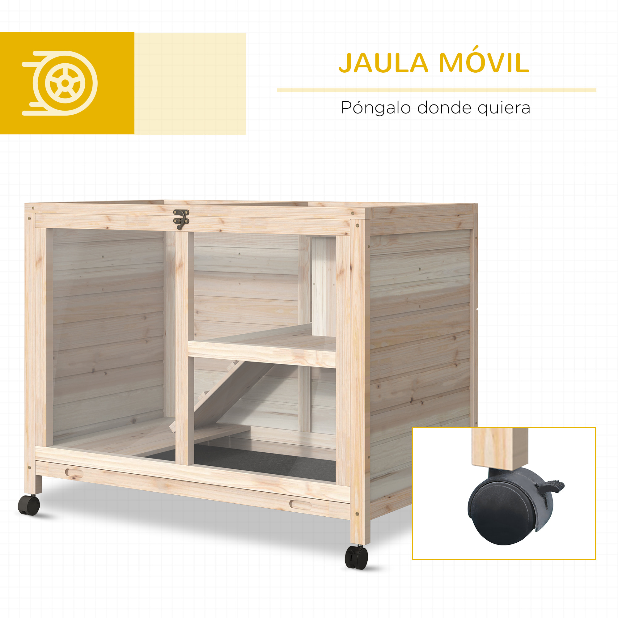 Conejera de Madera con Ruedas 91,5x53,3x73 cm Jaula para Conejos de 2 Niveles con Techo Abatible Bandeja Extraíble y Rampa Natural