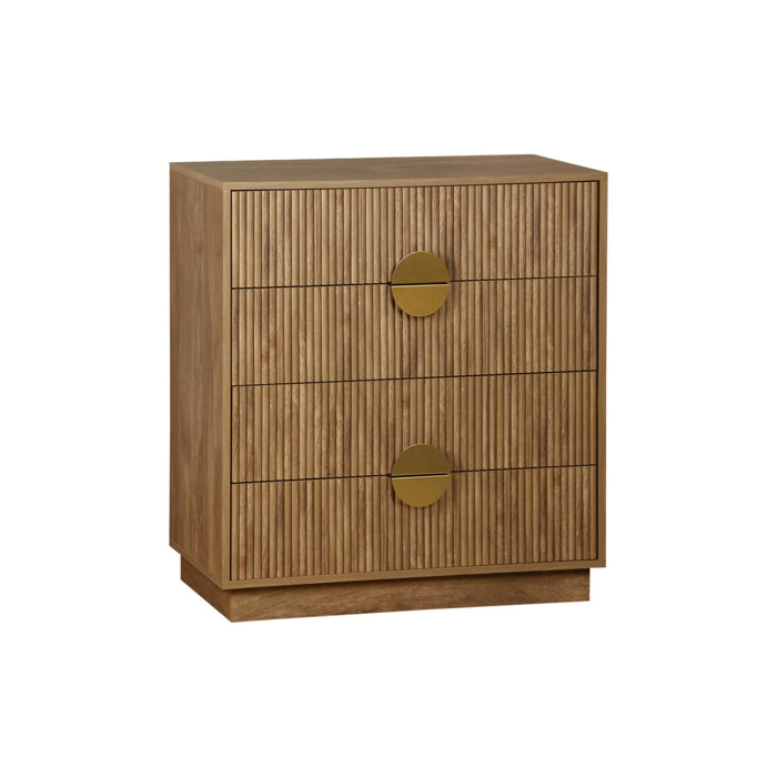 Commode 4 tiroirs effet bois de manguier rainuré. poignées en métal doré. L80 x P40 x H85cm
