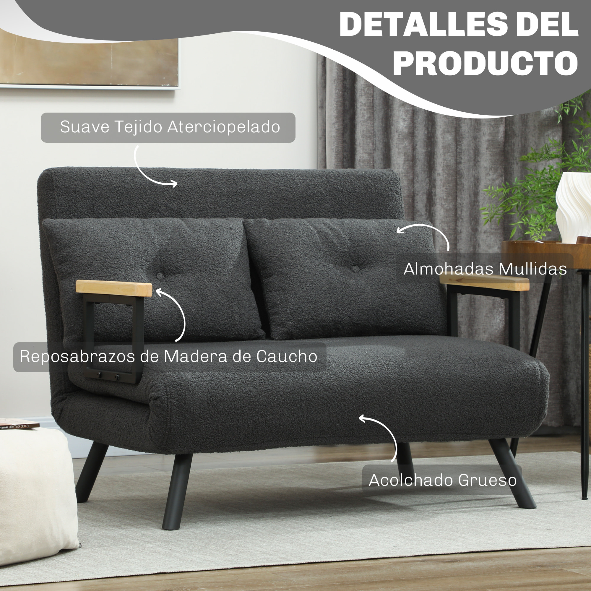 Sofá Cama de 2 Plazas 4 en 1 Sofá Cama Plegable Tapizado en Borreguito con Respaldo Ajustable de 5 Niveles y Almohadas Acolchadas para Oficina Dormitorio Salón 102x73x81 cm Gris Oscuro