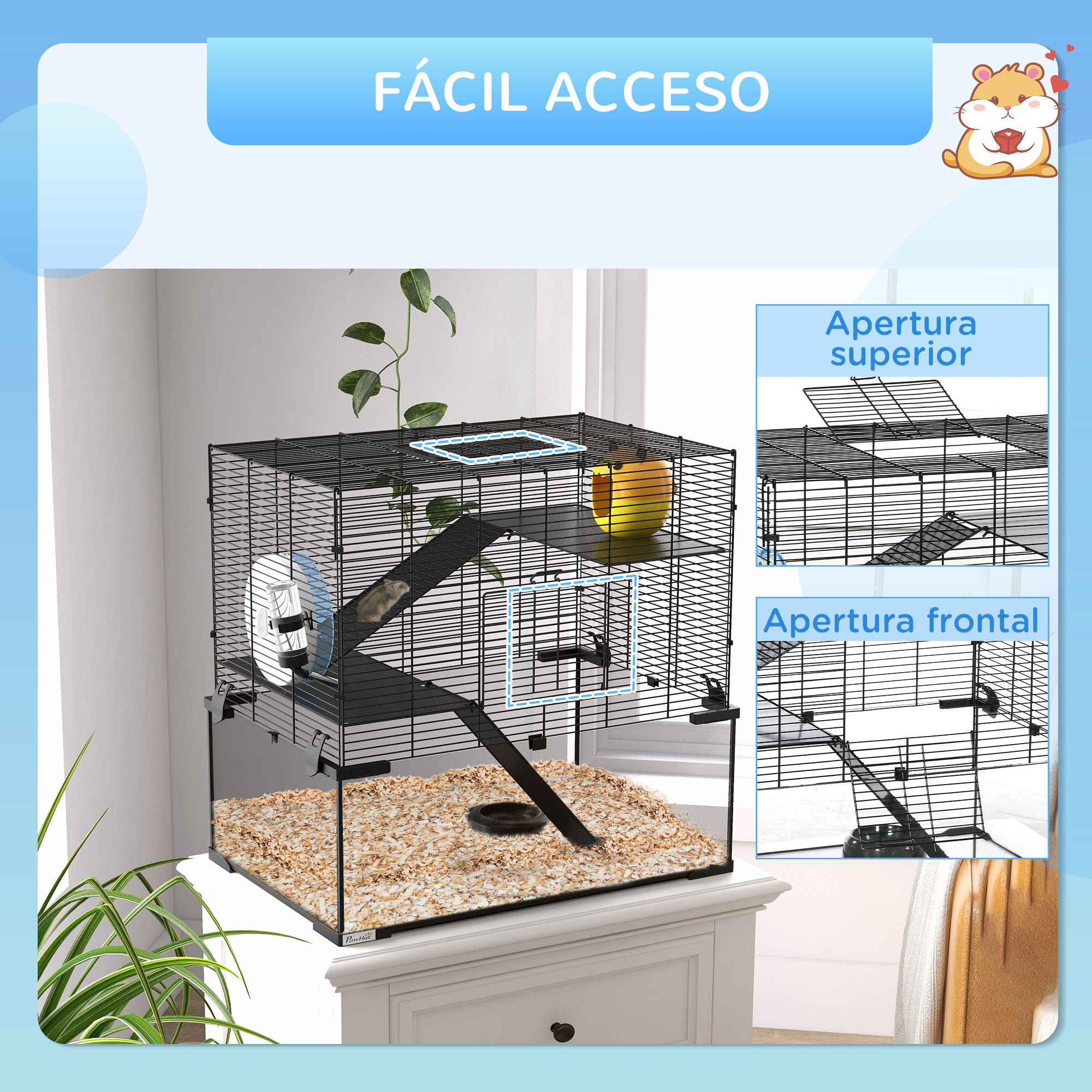 Jaula para Hámster Casa para Animales Pequeños con Fondo de Vidrio Plataformas Cuenco Bebedero Casita Rampas y Rueda de Ejercicio 60x40x54,5 cm Negro