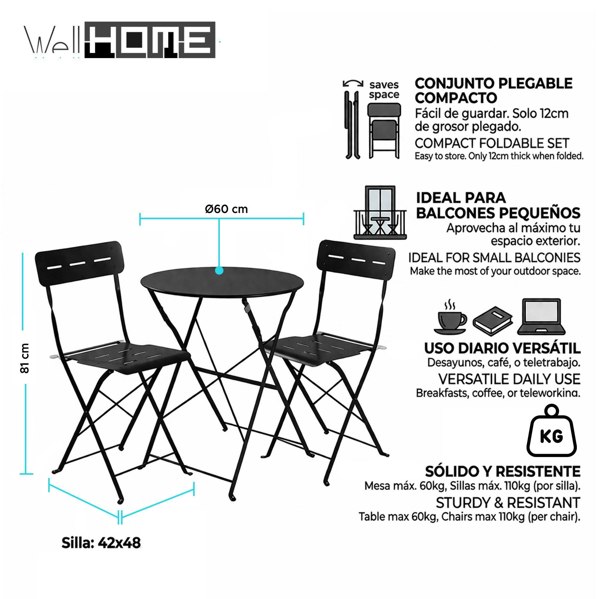 Set bistro plegable de 3 piezas (mesa 60cm + 2 sillas) en acero y negro mate, compacto para balcón