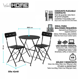 Set bistro plegable de 3 piezas (mesa 60cm + 2 sillas) en acero y negro mate, compacto para balcón