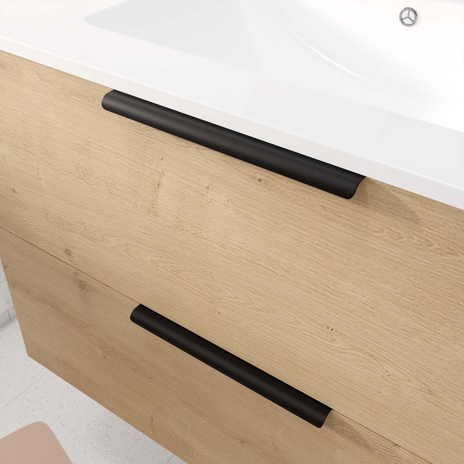Meuble de Salle de Bains 60cm Suspendu Decor Bois Clair 2 Tiroirs - Vasque Blanche - ELEMENTARY