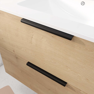Meuble de Salle de Bains 60cm Suspendu Decor Bois Clair 2 Tiroirs - Vasque Blanche - ELEMENTARY