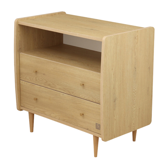 Commode 2 tiroirs et 1 niche décor chêne vintage poignées dorées