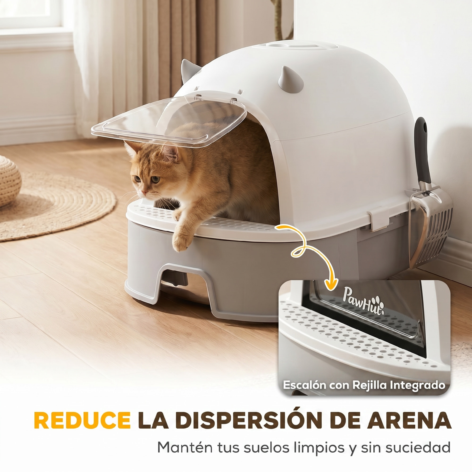 Arenero para Gatos, L, Caja de Arena para Gatos con Tapa Extraíble y Bandeja de Acero Inoxidable Extraíble, Pala, Filtros de Carbón, Fácil de Limpiar, Antifugas, Control de Olores, Gris