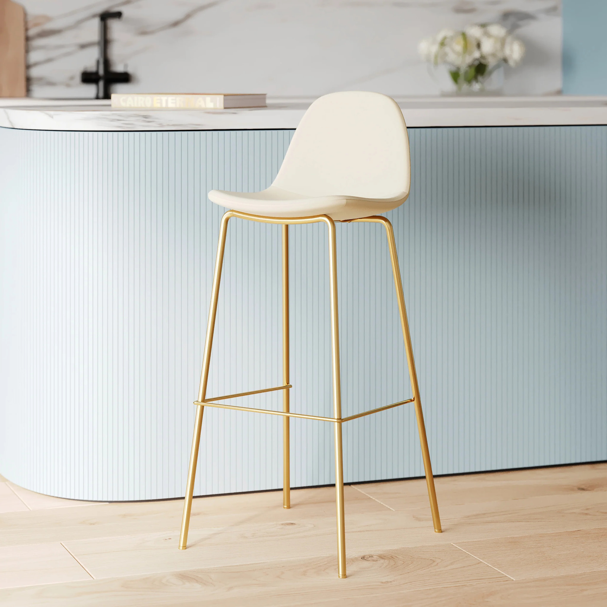 Chaise pour îlot central en cuir synthétique blanc 65 cm, pieds dorés - Henrik