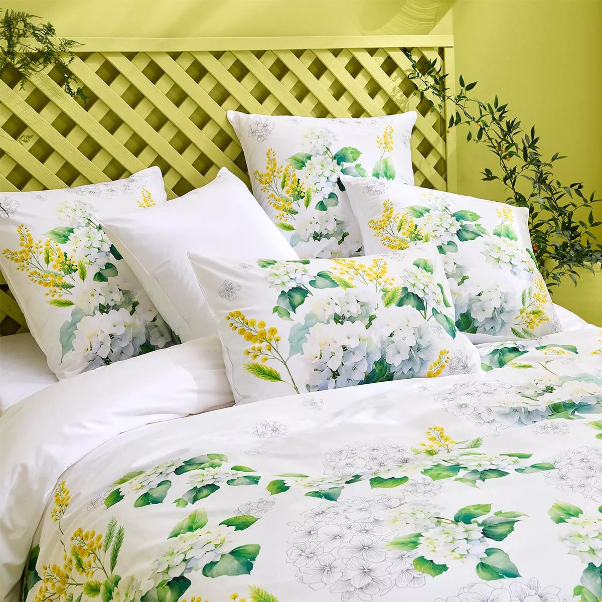 Lot h.couette +taies percale de coton imprimé blanc jaune Annabelle mimosa