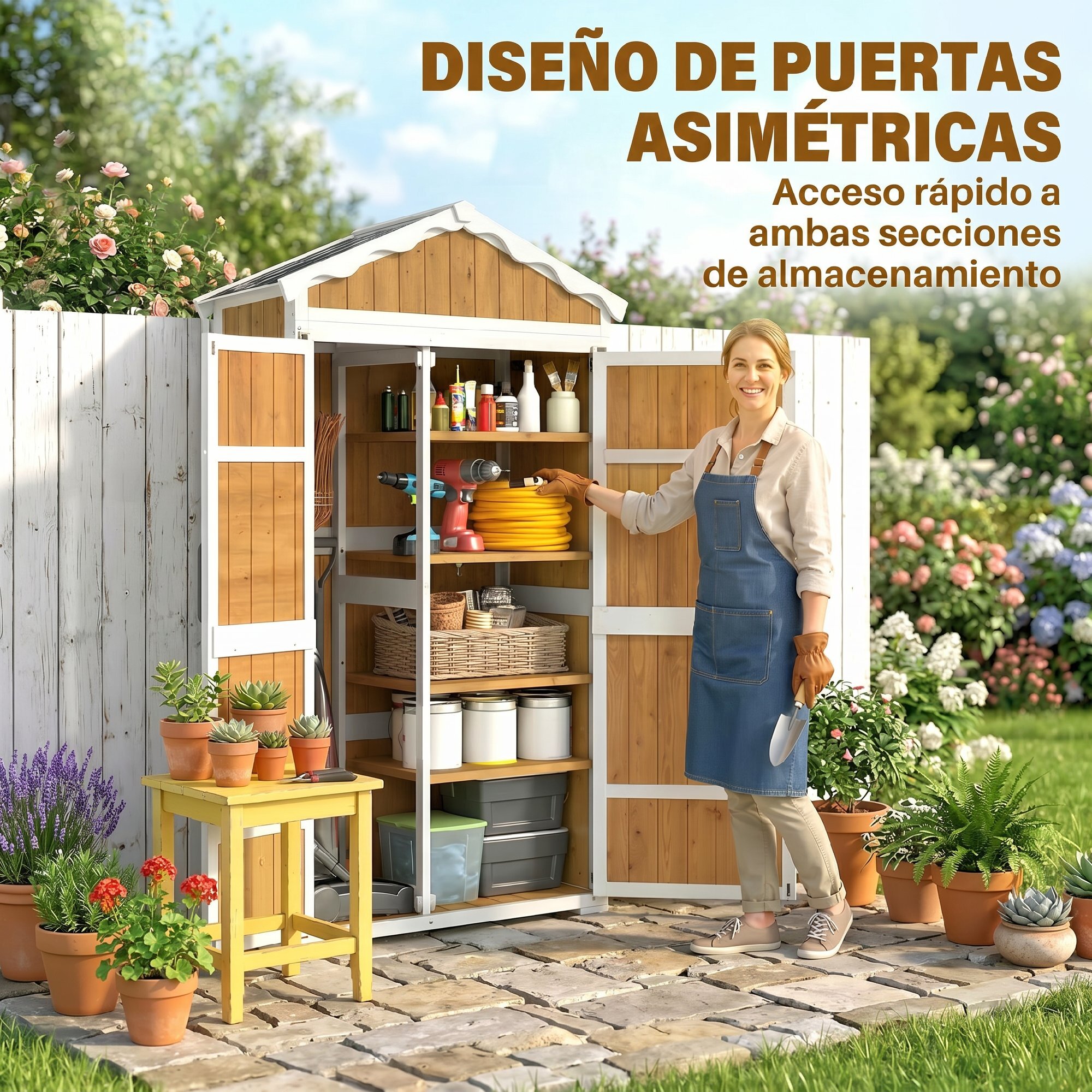 Caseta de Jardín de Madera 105x55x179 cm Cobertizo Jardín Exterior Impermeable Armario Exterior Herramientas con Puertas 4 Estantes Extraíbles Techo Metal Galvanizado Pies Ajustables Natural