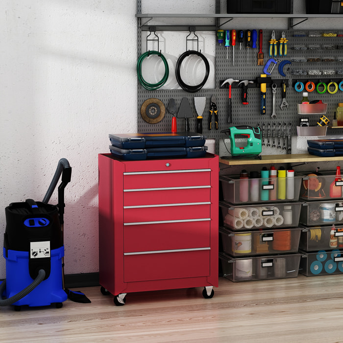 Carro Caja de Herramientas Taller Movil 5 Cajones 4 Ruedas Cerradura Color Rojo