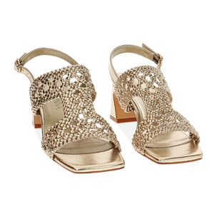 Sandalo donna oro intrecciato, tacco 5,5 cm