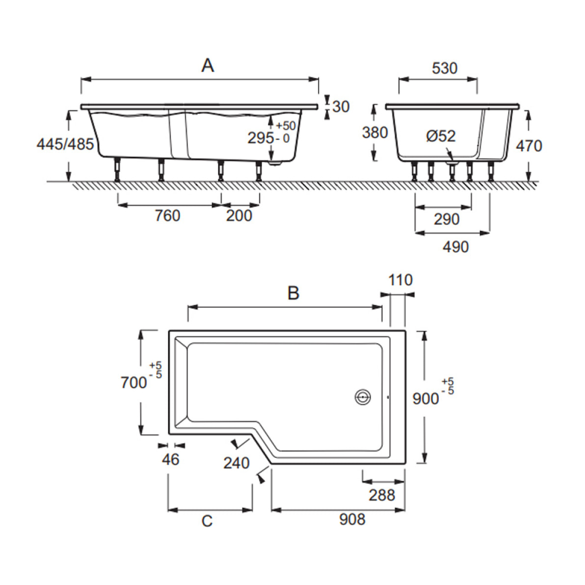 Baignoire bain douche  Neo 170 x 90 droite + pare bain + tablier + étagère