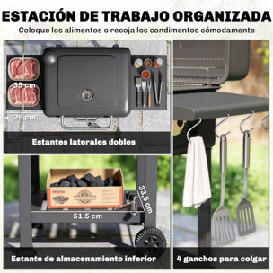 Barbacoa de Carbón Portátil, Barbacoa de Carbón con Bandeja y Ventilación Ajustable, Gran Parrilla, Estantes Laterales, Termómetro, Tapa, Chimenea, Cajón de Cenizas, Ruedas, Puerta, Negro