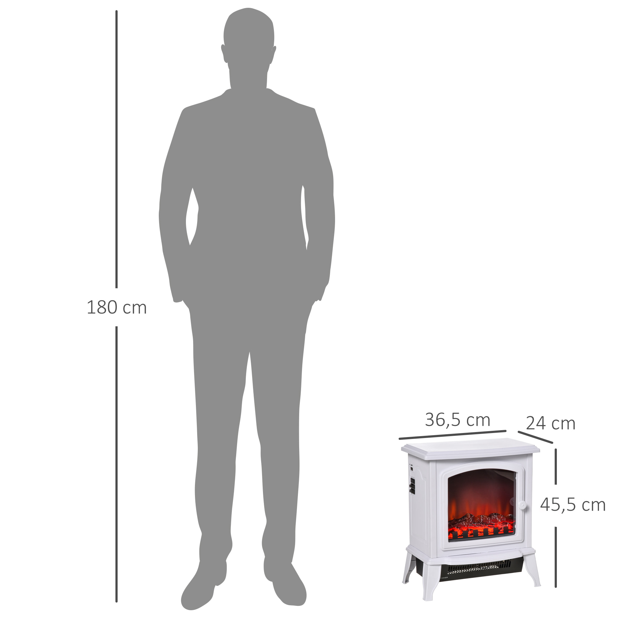 Chimenea Eléctrica Portátil 1000/2000W con Llama Simulada Termostato Ajustable y Protección Sobrecalentamiento para Salas de hasta 25 m² 36,5x24x45,5 cm Blanco