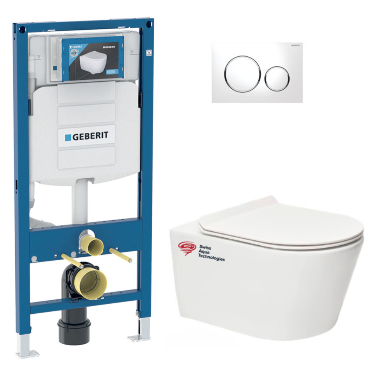 Pack WC bâti-support Geberit + WC sans bride Swiss Aqua Technologies + Abattant SoftClose + Plaque chrome (GebBrevis-C)
