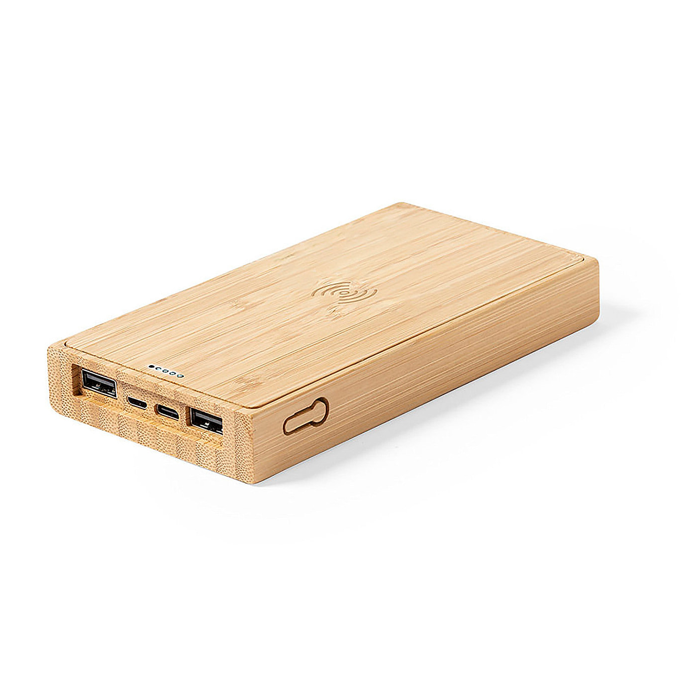 Power Bank natura bambù Qi 5W. 10000 mAh. Ricarica solare. 2 uscite USB e 1 ingresso di tipo C. Micro USB e ingresso di tipo C