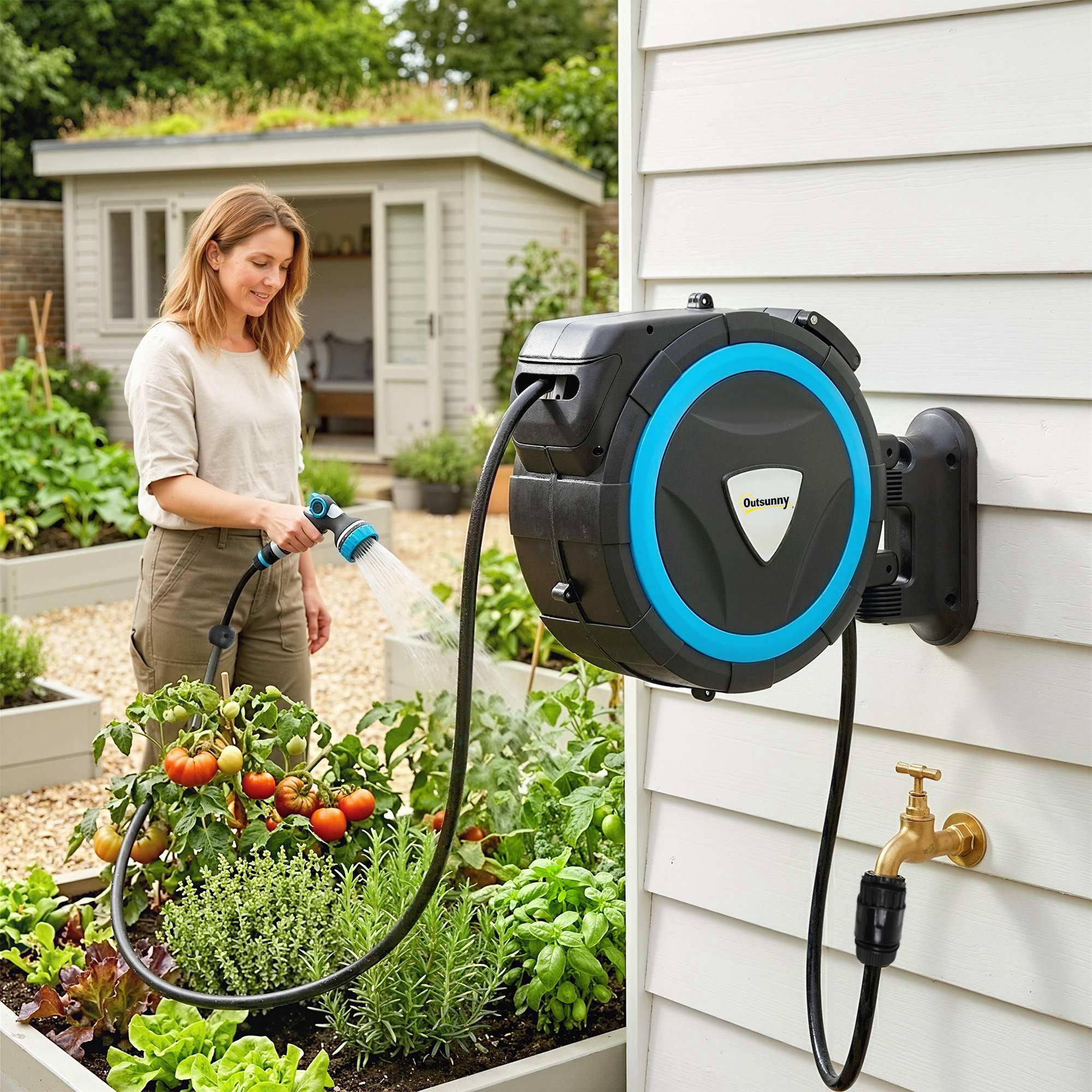 Dévidoir mural enrouleur automatique pivotant tuyau 14+1,5m avec pistolet buse et support mural