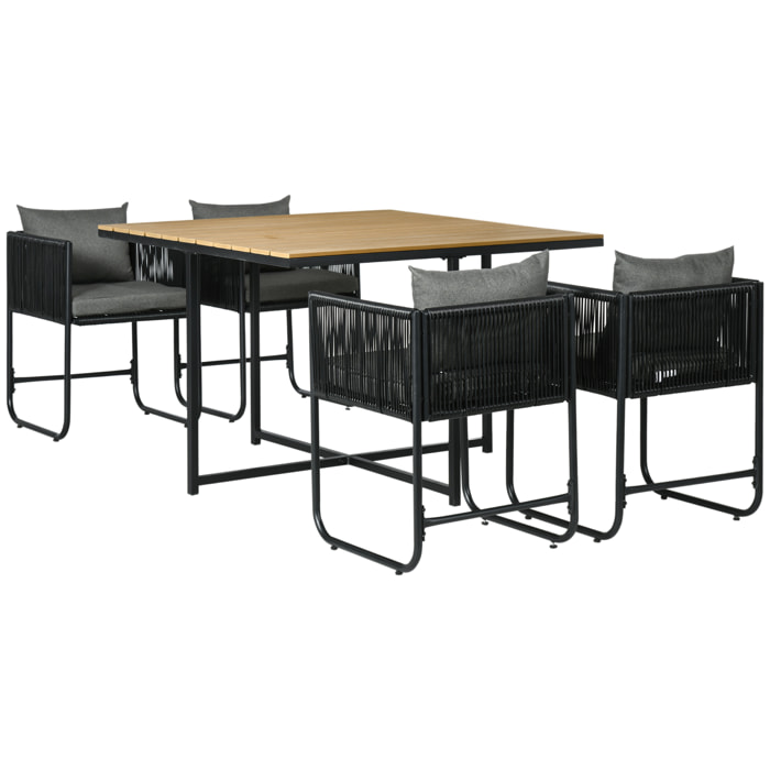 Conjunto de Jardín Exterior de Ratán Sintético Juego de Muebles de Jardín para Exterior de Ratán de 5 Piezas con Mesa Cuadrada 4 Sillas Cojines Negro y Natural