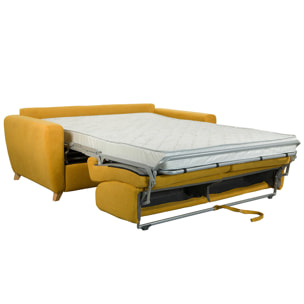 Canapé convertible 3 places en tissu jaune moutarde et bois clair avec matelas L140 cm 13 cm GRAHAM