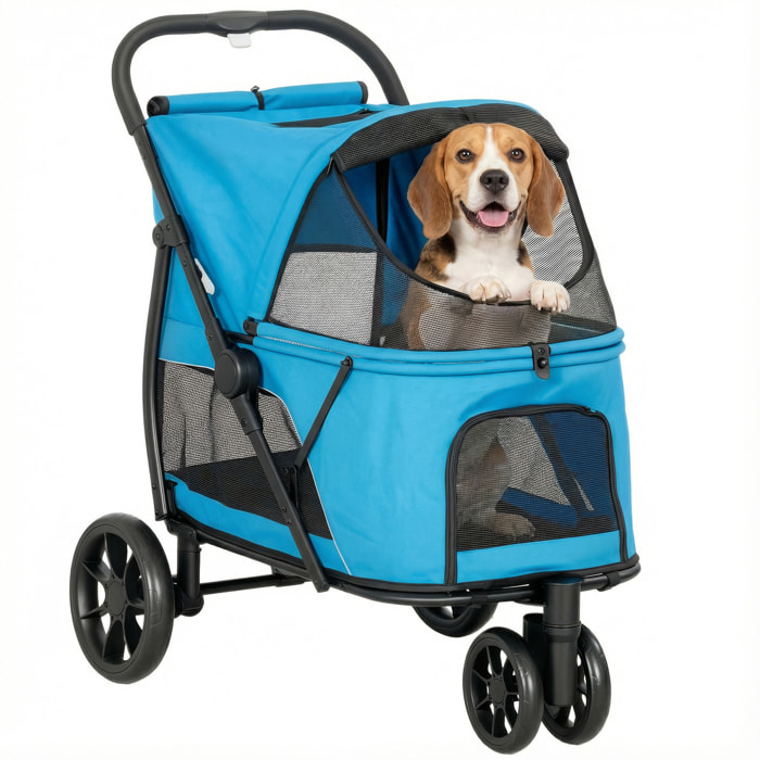 Carrito para Perros Plegable, Cochecito para Perros Medianos con 3 Ruedas, Ventanas de Malla, Cojín Lavable, Bolsilo, Correas de Seguridad, Frenos, Todo Terreno, Carga 20 kg, 92x63x95 cm, Azul