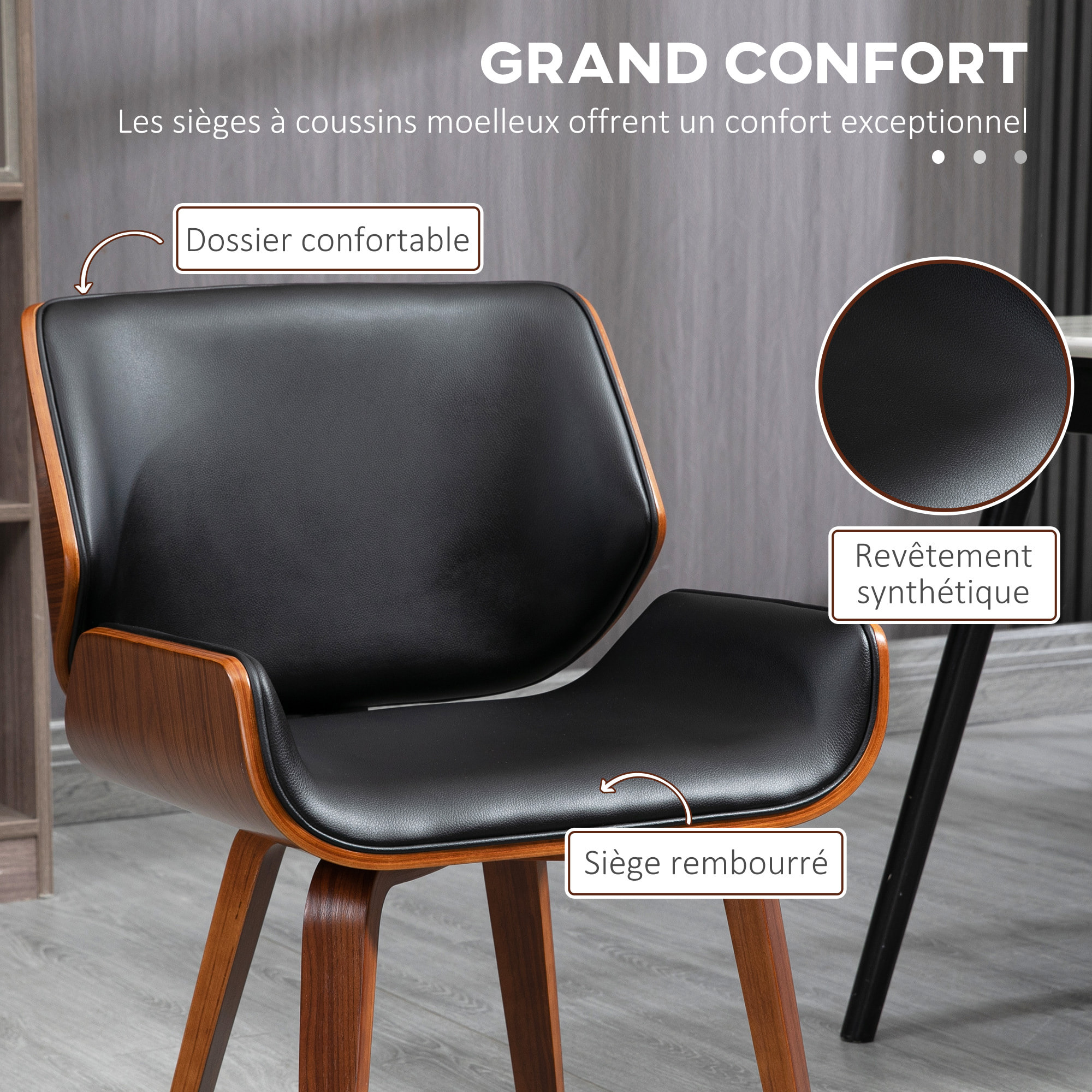 Lot de 2 chaises design vintage piètement châssis bois peuplier aspect noyer revêtement mixte synthétique tissu noir