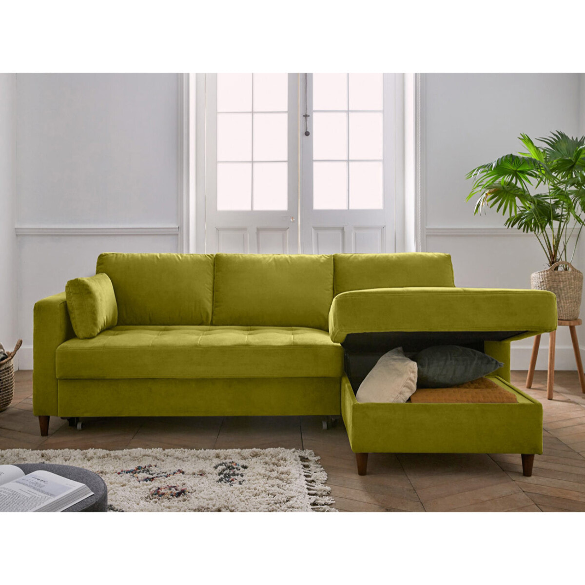 Anna - canapé d'angle droit - 4 places - convertible avec coffre - en velours - Vert Olive