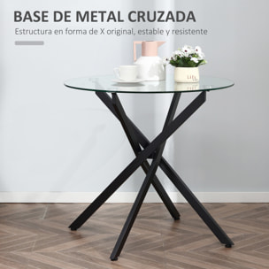 HOMCOM Mesa de Comedor Redonda con Encimera de Cristal Templado Transparente y Patas Cruzadas de Metal Mesa de Centro Moderna para Salón Ø80x75 cm Negro