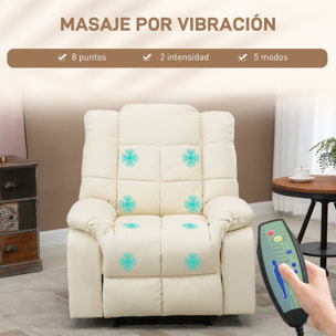 Sillón de Masaje, Sillón Relax Reclinable con 8 Puntos de Masaje, Mando a Distancia, Tapizado en PU, Reposapiés, Bolsillo Lateral, Butaca para Salón, Dormitorio, Crema