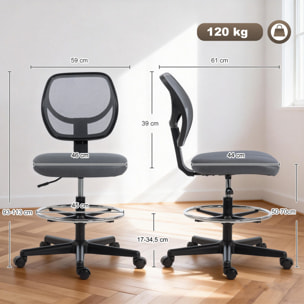 Chaise de bureau assise haute réglable dim. 59L x 61l x 93-113H cm pivotant 360° tissu maille gris