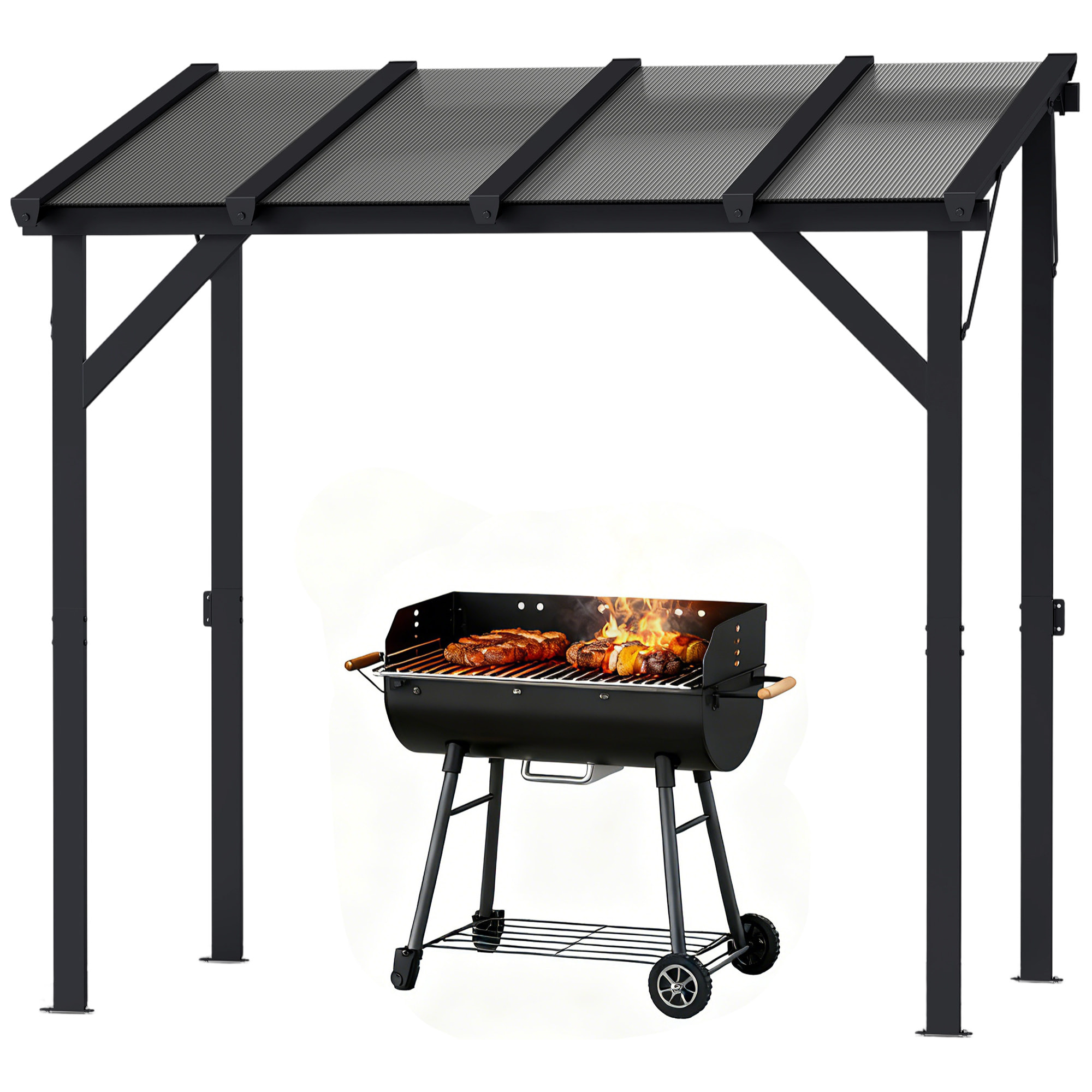 Pergola adossable barbecue acier alu polycarbonate