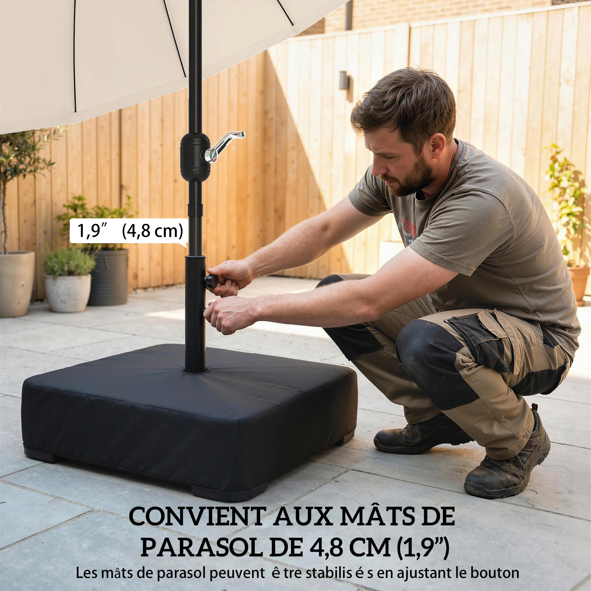 Base de parasol déporté avec housse capacité sable 80 kg métal noir