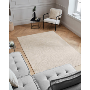 BLOOM - Tapis poils ras motif feuille en relief - Crème