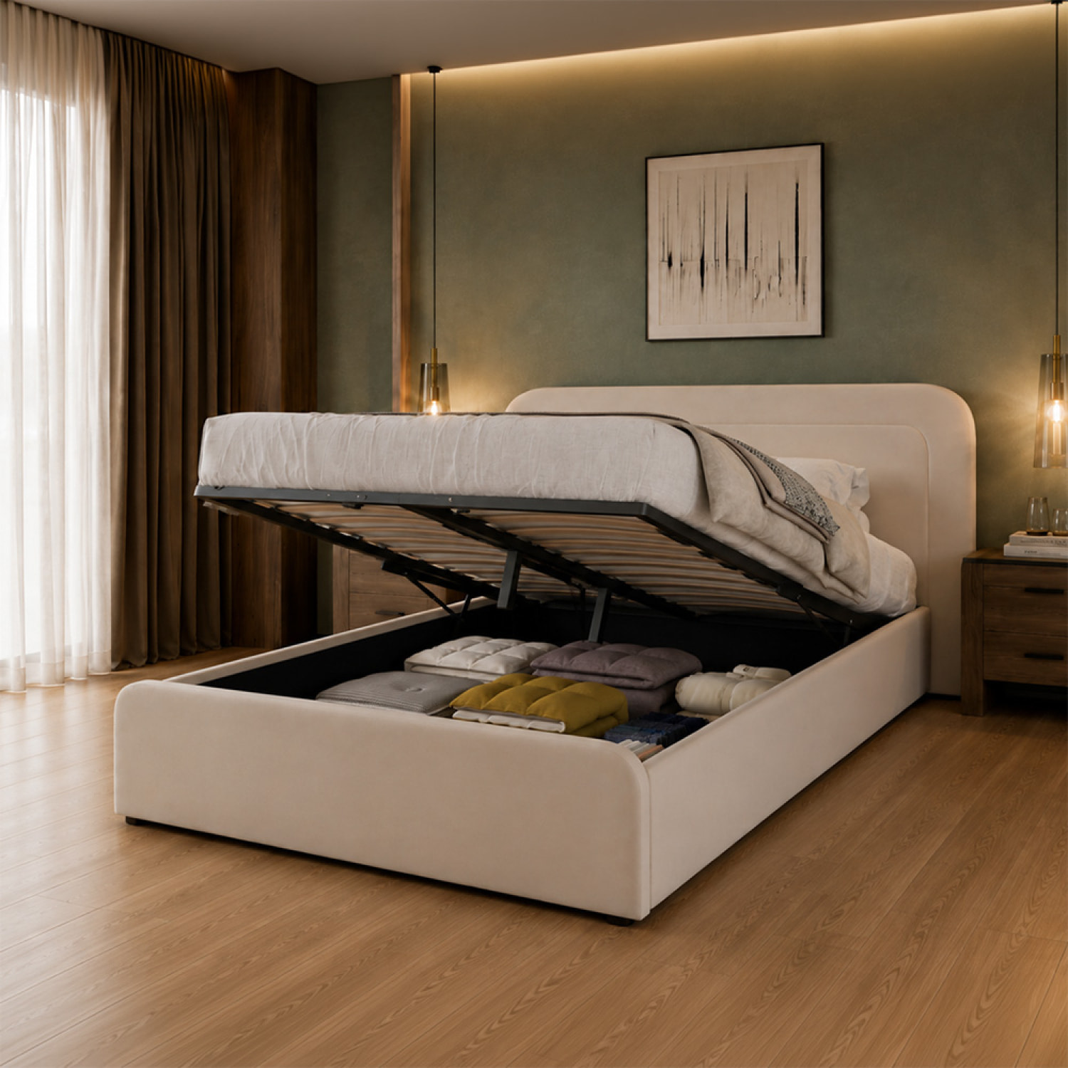Lit avec coffre de rangement 140x190cm en velours beige SEDONA