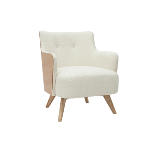 Fauteuil scandinave en tissu effet laine bouclée blanc cassé et bois clair VALMY