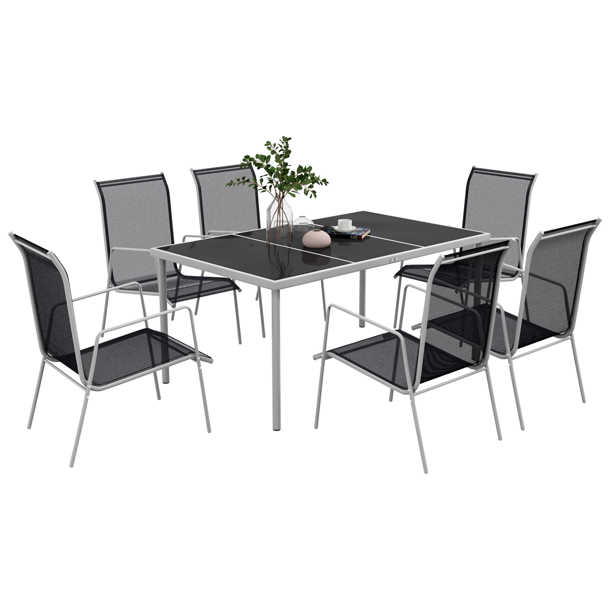 Conjunto de Comedor de Exterior Juego de Comedor de Jardín de 7 Piezas con 1 Mesa 6 Sillas Apilables y Marco de Acero para Terraza Patio Negro