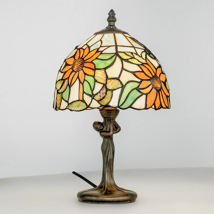 Lampada da tavolo DAFNE in metallo bronzato con vetro Tiffany 46 cm.