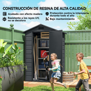 Caseta de Jardín Exterior 1,09 m², 128x104x196 cm, Cobertizo de Jardín Exterior de Plástico con Suelo, Puerta con Cerradura, Ventana y Ventilación para Almacenaje de Herramientas, Gris Oscuro