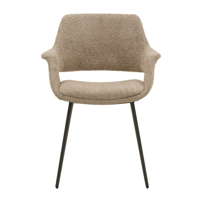 Set di 2 sedie EMBAJADORES in tessuto beige effetto bouclé e gambe in metallo nero, con braccioli