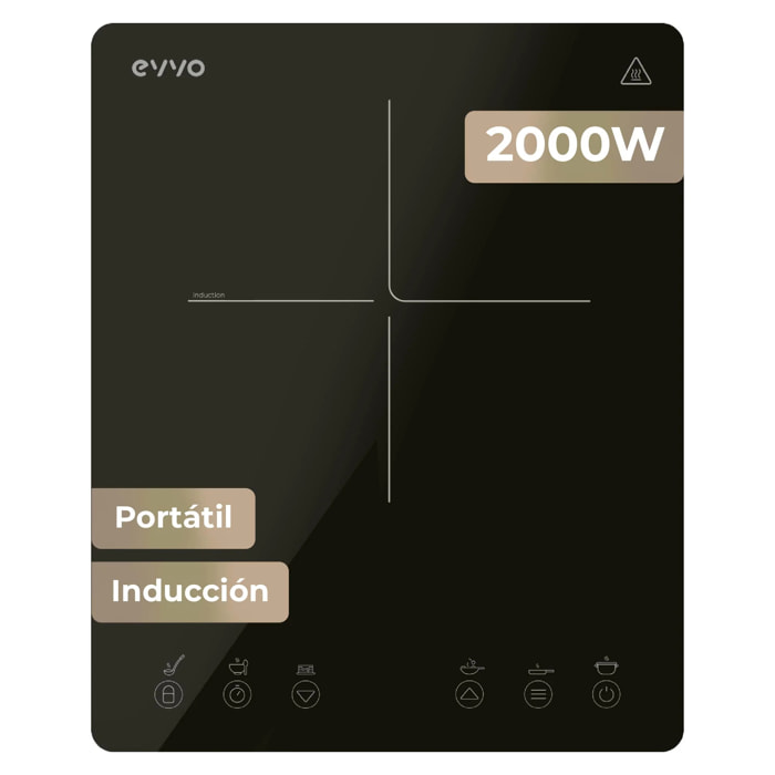 Placa de Inducción Portátil EVVO V26 Trip, 2000W, Control táctil, Ajuste de potencia y temperatura, Temporizador