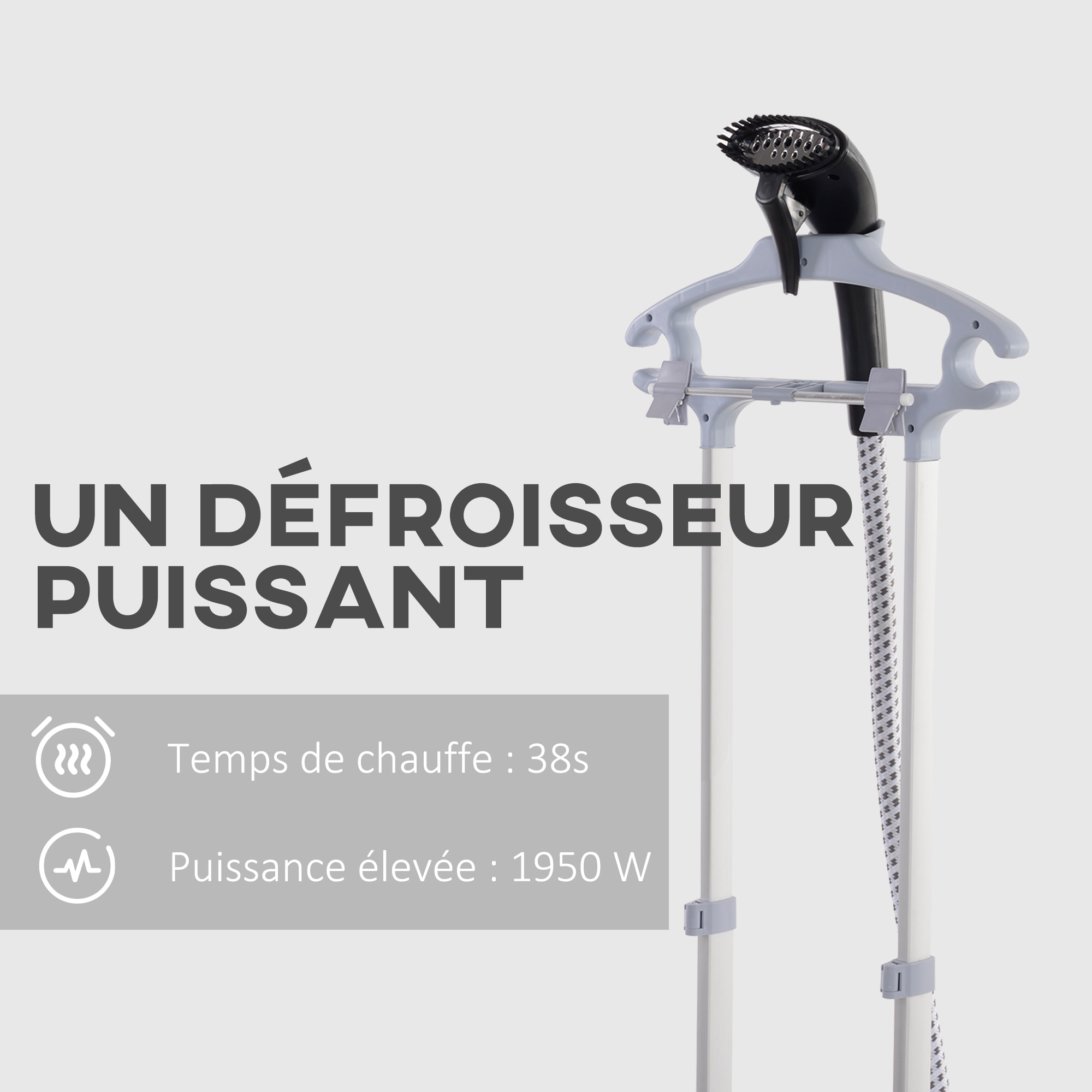 Défroisseur à vêtements 1950 W planche à repasser intégrée réservoir d'eau 2 L tige telescopique gant + cintre fournis noir