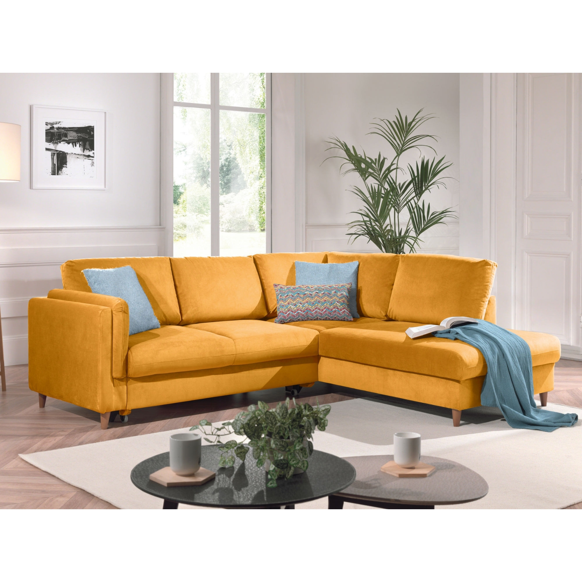 Brooke - canapé d'angle droit - convertible - 5 places - en velours - Jaune