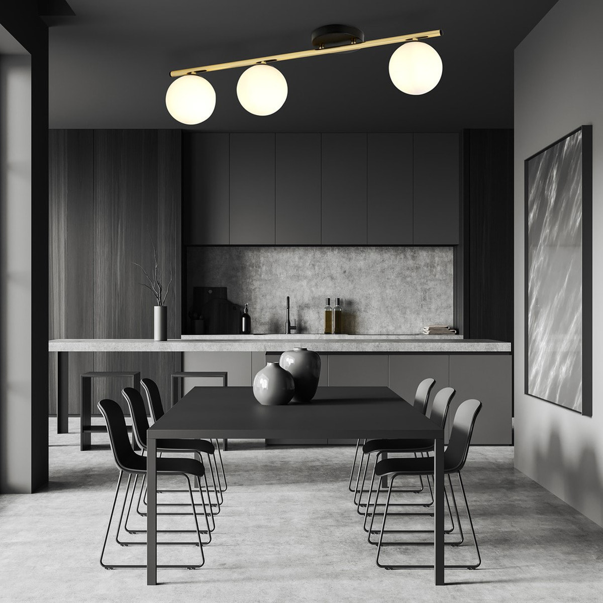 Lampada da soffitto Monza in acciaio nero e oro con sfere in vetro opalino