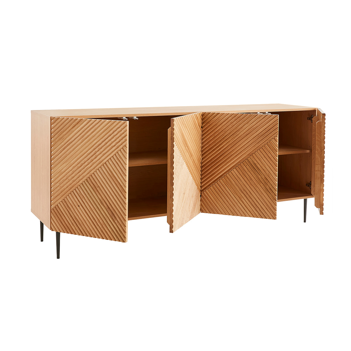 Buffet design en bois clair chêne massif gravé et métal noir 4 portes L180 cm ARCHIPEL