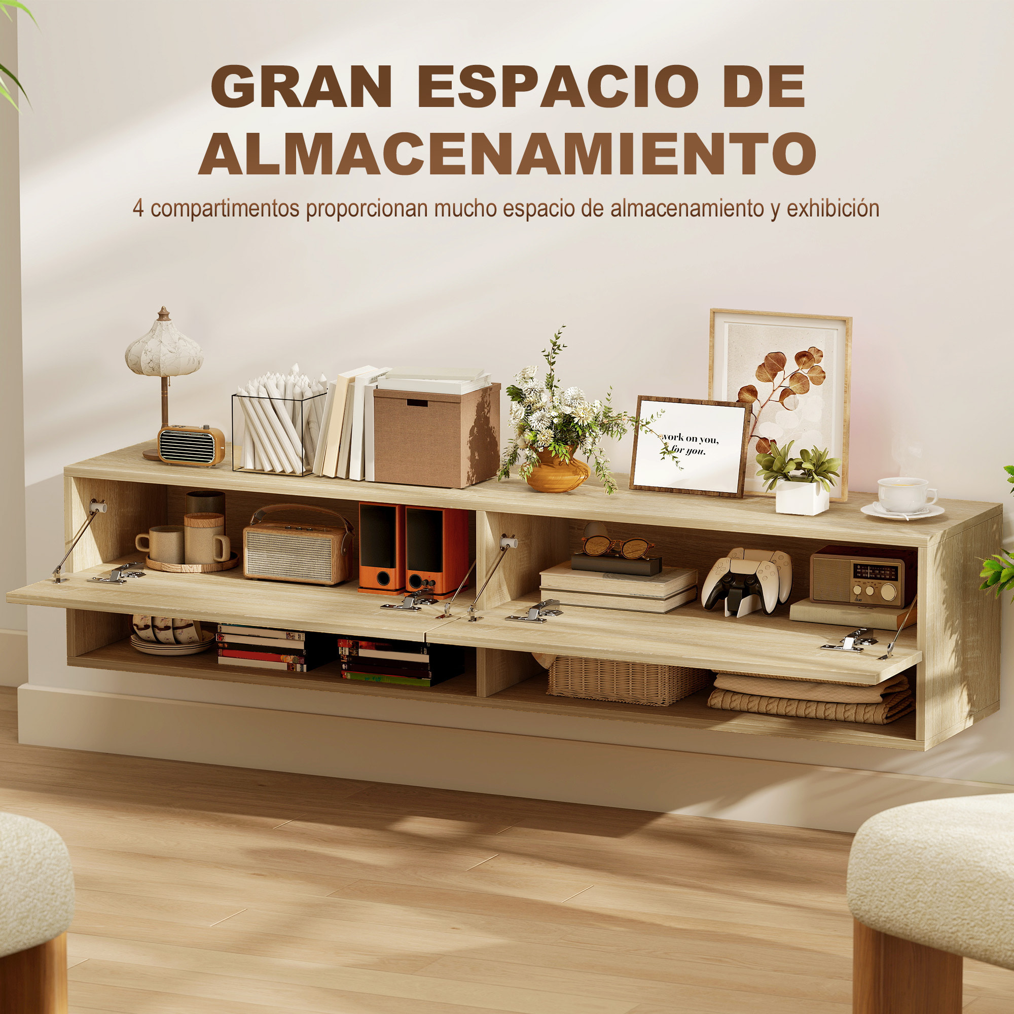 Mueble de TV Suspendido, Mueble de TV para Salón con 2 Cajones Abatibles, 2 Estantes Abiertos, Gestión de Cables, Estilo Moderno, para Televisión 60 Pulgadas, 140x32x31 cm, Madera Natural