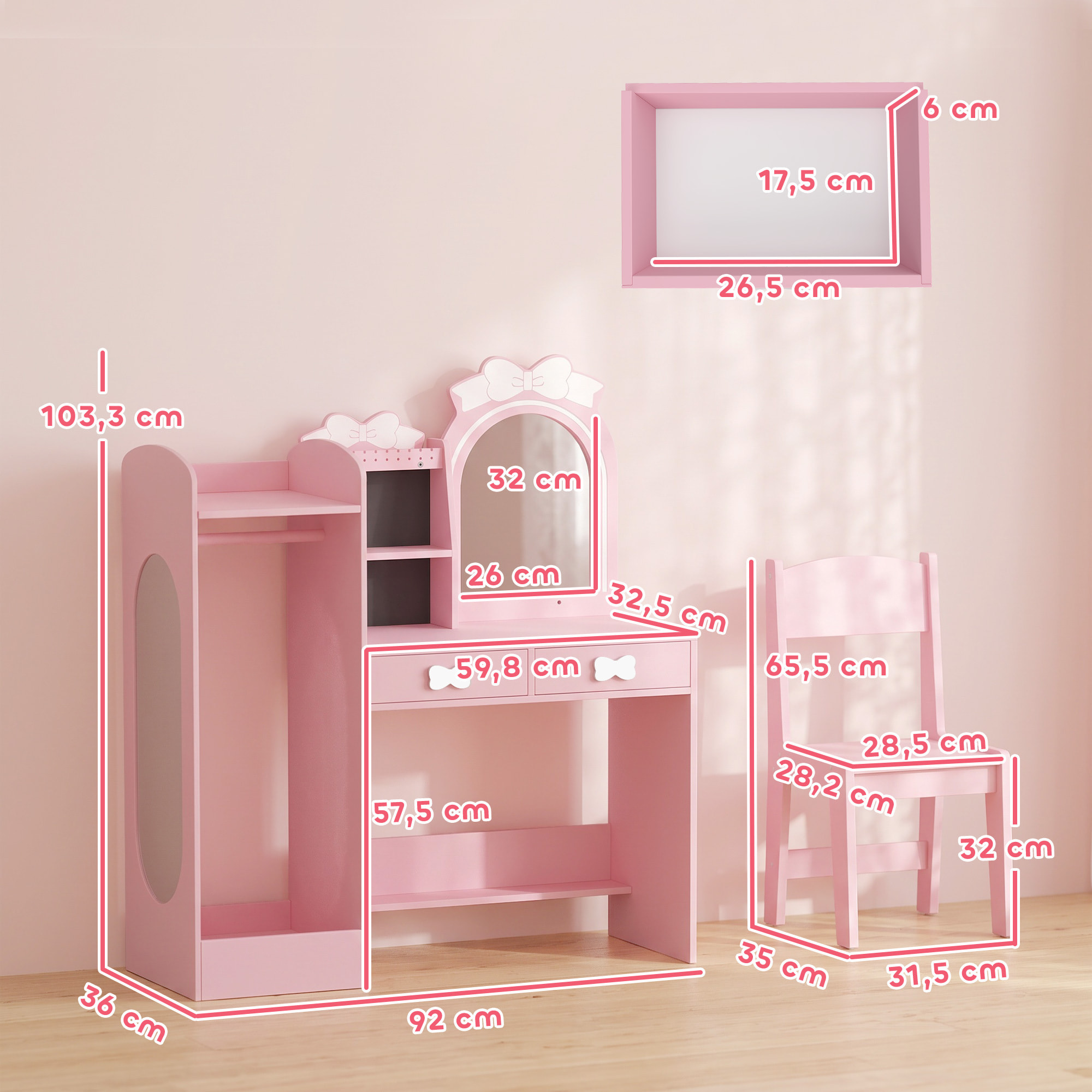 Coiffeuse enfant chaise miroir LED réglable multi-rangement rose